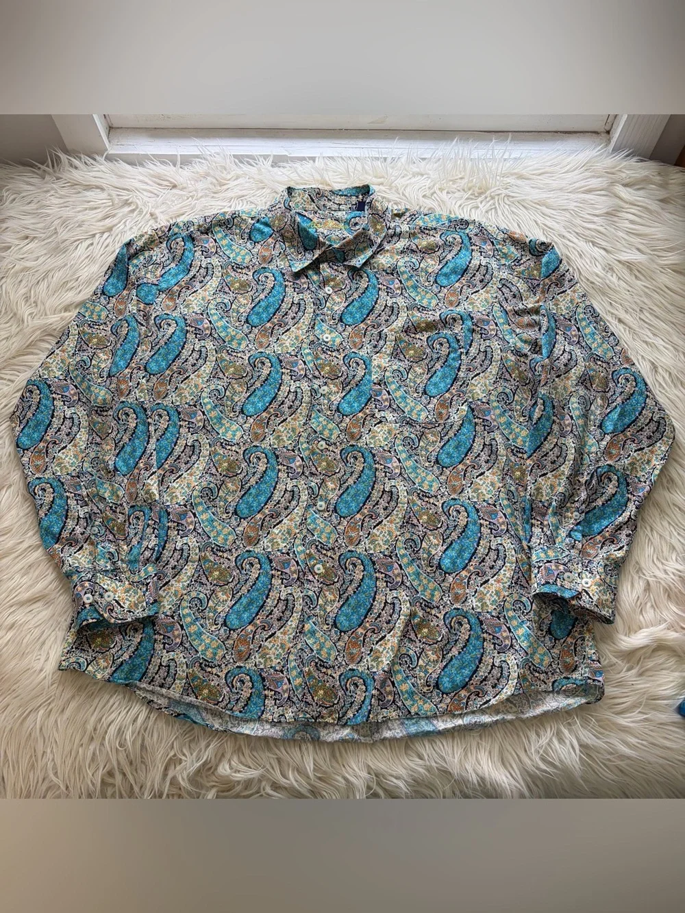 Alan Flusser Men XXL Floral Paisley Button Down Shirt 100% Cotton Long Sleeve